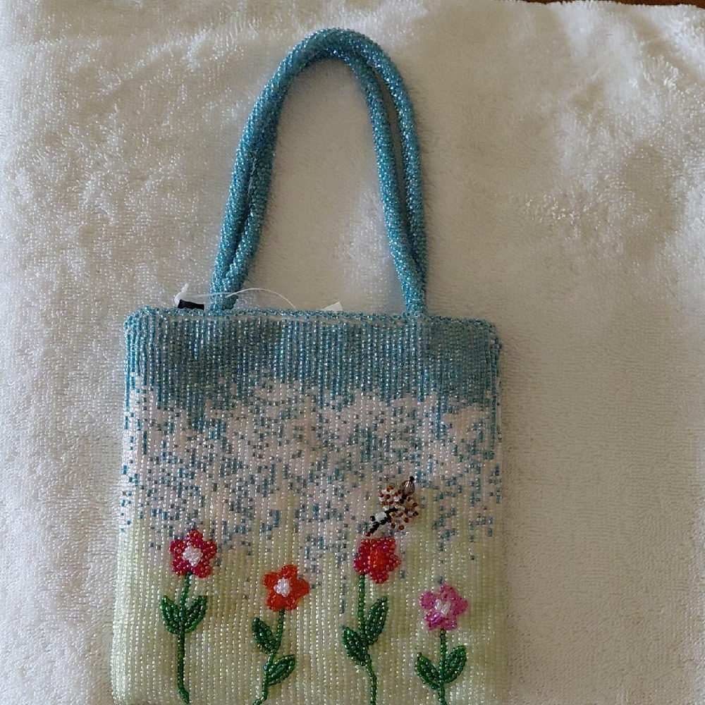 Beaded Floral Tote Bag in Light Blue and Cream